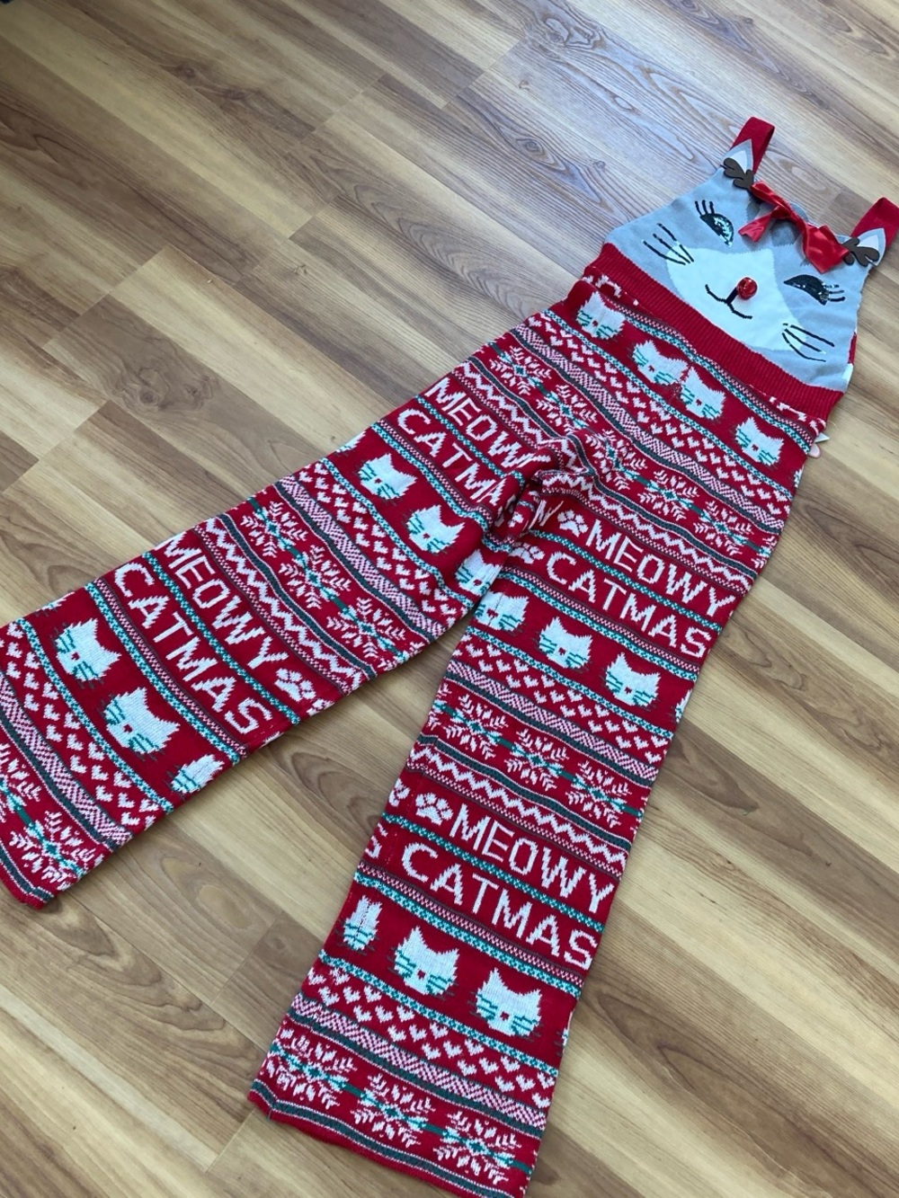 Eyeshadow Red & Light Blue Cat-Themed Holiday Jumpsuit